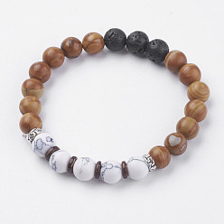 Howlite Natural Lava Rock Beads Stretch Bracelets, with Wenge Wood Beads, Howlite and Wenge Wood Lace Stone, Coconut and Alloy Finding, 2 inch(50~52mm)