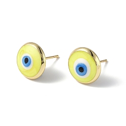 Champagne Yellow Enamel Evil Eye Stud Earrings, Real 18K Gold Plated Brass Jewelry for Women, Champagne Yellow, 12mm, Pin: 0.8mm