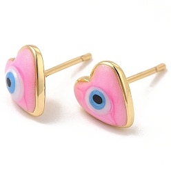 Perlas de Color Rosa Aretes de corazón esmaltado con mal de ojo, joyas de latón chapado en oro real 18k para mujer, rosa perla, 8x8 mm, pin: 0.7 mm