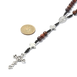 Argent Antique Colliers de perles chapelet en bois, alliage vierge marie avec collier pendentif croix pour femme, argent antique, 25.98 pouce (66 cm)