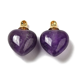 Amethyst Natural Amethyst Perfume Bottle Pendants, Heart Charms with Golden Plated 304 Stainless Steel Findings, 28x20x12mm, Hole: 2mm