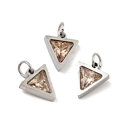 PeachPuff 304 Stainless Steel Pendants, with Cubic Zirconia and Jump Rings, Single Stone Charms, Triangle, Stainless Steel Color, PeachPuff, 11x9.5x3mm, Hole: 3.6mm