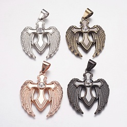 Mixed Color 304 Stainless Steel Pendants, with Rhinestone, Wing with Cross, Mixed Color, 39x49x5mm, Hole: 7x9mm