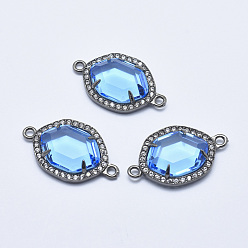 Cornflower Blue Brass Micro Pave Cubic Zirconia Links, with Glass, Faceted, Oval, Gunmetal, Cornflower Blue, 26x16x5mm, Hole: 1.6mm