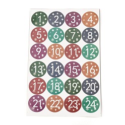 Number Christmas Advent Calendar Stickers, 1~24 Number Christmas Countdown Stickers, for Gift Sealing Stickers, DIY Crafts, Baking Decoration, Number Pattern, 30.7x19.6x0.02cm, Stickers: 45mm, 24pcs/sheet