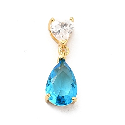Real 18K Gold Plated Deep Sky Blue Glass Pendants, with Brass Findings, Teardrop & Heart, Real 18K Gold Plated, 22.5mm, Hole: 4.5x2mm