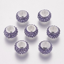 Tanzanite 304 Stainless Steel European Beads, with Polymer Clay Rhinestone, Large Hole Beads, Rondelle, Tanzanite, 11x7.5mm, Hole: 5mm