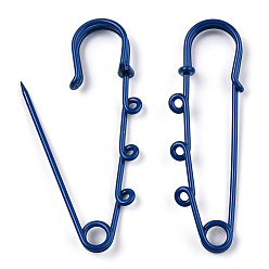 Medium Blue Spray Painted Iron Brooch Findings, Kilt Pins with Triple Loops, Medium Blue, 59x18x6mm, Hole: 2mm