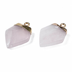 Rose Quartz Natural Rose Quartz Pendants, with Golden Brass Findings and Iron Loop, Rack Plating, Faceted, Shield, 25~26x17~18x5.5~6.5mm, Hole: 1.8mm