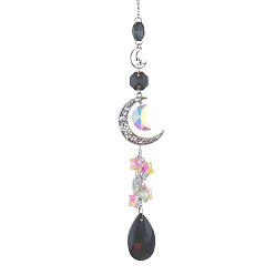 Black Glass Moon Hanging Suncatcher Pendant Decoration, Teardrop Crystal Ceiling Chandelier Ball Prism Pendants, with Alloy & Iron Findings, Black, 420~430mm