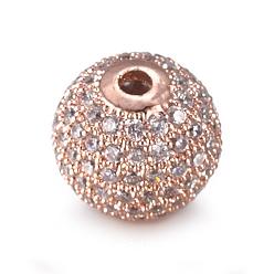 Rose Gold CZ Jewelry Brass Micro Pave Cubic Zirconia Round Beads, Clear, Rose Gold, 12mm, Hole: 2mm