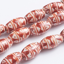 Others Handmade Printed Porcelain Beads, Oval, Geometric Pattern, 14~16x8~9mm, Hole: 1.5~2mm, about 23pcs/Strand, 13.5 inch(34cm)