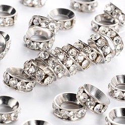 Platinum Brass Rhinestone Spacer Beads, Grade A, Rondelle, White, Platinum Metal Color, Size: about 10.5mm in diameter, 4.5mm thick, hole: 5.5mm