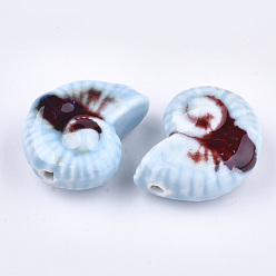 Bleu Ciel Clair Perles en porcelaine manuelles, fantaisie porcelaine émaillée antique, escargot de mer, lumière bleu ciel, 39~40x30~31x16.5~18mm, Trou: 2.5~3.5mm