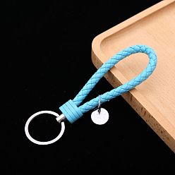 Light Blue PU Leather Knitting Keychains, Wristlet Keychains, with Platinum Tone Plated Alloy Key Rings, Light Blue, 12.5x3.2cm