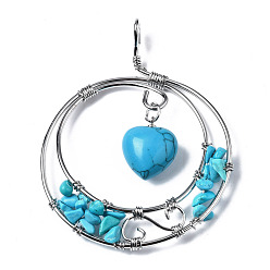 Turquoise Synthetic Turquoise Big Pendants, Wire Wrapped Pendants, with Plamtinum Brass Wires, Rack Plating, Flat Round with Heart, Dyed, 68~69x53~54x9.5mm, Hole: 4x5mm