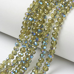 Yellow Green Electroplate Glass Beads Strands, Half Plated, Blue Plated, Faceted, Rondelle, Yellow Green, 3.5x3mm, Hole: 0.4mm, about 123~127pcs/strand, 13.7~14.1 inch(35~36cm)