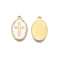 White 304 Stainless Steel Enamel Pendants, Real 18K Gold Plated, Oval with Cross, White, 23x14x2mm, Hole: 1.6mm
