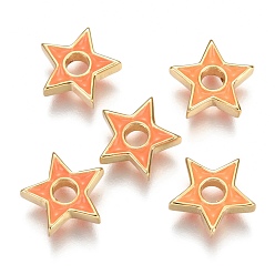 Light Salmon Brass Enamel Beads, Star, Real 18K Gold Plated, Light Salmon, 10.2x10.4x2.7mm, Hole: 2.6mm