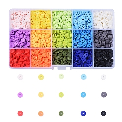 Mixed Color 15 Colors Eco-Friendly Handmade Polymer Clay Beads, for DIY Jewelry Crafts Supplies, Disc/Flat Round, Heishi Beads, Mixed Color, 6x1mm, Hole: 2mm, 15 Colors, about 190~200pcs/color, 2850~3000pcs/box
