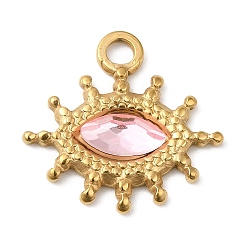 Perlas de Color Rosa Colgantes de acero inoxidable 18 chapados en oro real 304k, con vidrio, Encantos de los ojos de los caballos, rosa perla, 17.5x18.5x3~3.5 mm, agujero: 2.2 mm