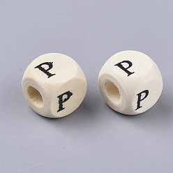 Letter P Perles de bois naturel imprimées, trou horizontal, cube avec la lettre initiale, papayawhip, letter.p, 10x10x10mm, Trou: 3.5mm, environ1000 pcs / 500 g