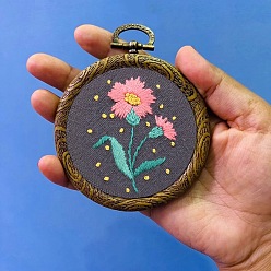 Gray DIY Pendant Decoration Embroidery Kits, Including Printed Cotton Fabric, Embroidery Thread & Needles, Embroidery Hoop, Carnation Pattern, Gray, Embroidery Hoop: 100mm