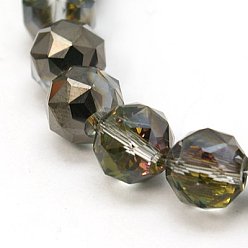 Olive Electroplate Glass Beads Strands, Half Black Plated, Faceted, Round, Olive, 10mm, Hole: 1mm