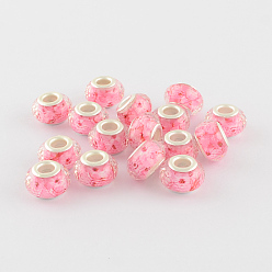 Pearl Pink Large Hole Printed Resin European Beads, with Silver Color Plated Brass Double Cores, Faceted Rondelle, Pearl Pink, 14x9mm, Hole: 5mm