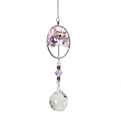 Indigo K9 Crystal Glass Big Pendant Decorations, Hanging Sun Catchers, with Amethyst Chip Beads, Oval with Tree of Life, Indigo, 380mm