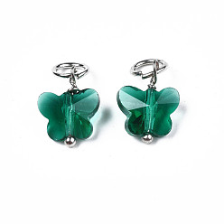 Teal Faceted Transparent Glass Charms, with Iron Jump Ring, Butterfly, Teal, 13~14x9.8x6mm, Hole: 4mm