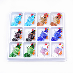 Mixed Color Handmade Lampwork Big Pendants, Inner Flower, Rooster, Mixed Color, 57~68x35~40x11~15mm, Hole: 6~8mm, 12pcs/box