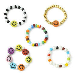 Mixed Color 5Pcs 5 Style Smiling Face Acrylic & Glass Seed Stretch Rings Set, Braided Beaded Jewelry for Women, Mixed Color, Inner Diameter: 20mm, 1Pc/style