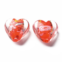 Rouge Orange Perles lampwork, perles au chalumeau, faits à la main, avec fleur intérieur, cœur, rouge-orange, 15x15~16x9mm, Trou: 1.2mm