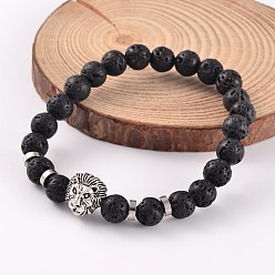 Antique Silver Natural Lava Rock Stretch Bracelets, with Lion Alloy Beads and Brass Findings, Antique Silver, 59mm
