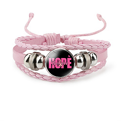 Word Imitation Leather Multi-strand Bracelets for Women, October Breast Cancer Pink Awareness Ribbon Iron Glass Adjustable Bracelet, Word, 4-3/8 inch(11cm)