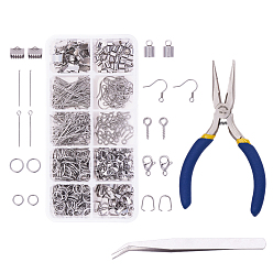 Stainless Steel Color DIY Jewelry Sets, with 304 Stainless Steel Findings, Beading Tweezers and Jewelry Pliers, Stainless Steel Color