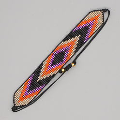 Salmon Miyuki Seed Braided Bead Bracelet, Wide Band with Rhombus Pattern Friendship Bracelet for Women, Salmon, 11 inch(28cm)