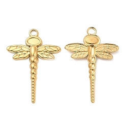 Real 18K Gold Plated 304 Stainless Steel Pendant Cabochon Settings, Dragonfly, Real 18K Gold Plated, Tray: 5x3mm, 33.5x23x2.5mm, Hole: 3mm