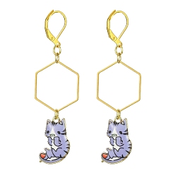 Lilac Rack Plating Alloy Cat Dangle Leverback Dangle Earrings, Golden Brass Long Drop Earrings, Lilac, 66x19.5mm