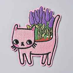Colorful Computerized Embroidery Cloth Iron on/Sew on Patches, Costume Accessories, Appliques, Cat with Lavender Plant, Colorful, 85x70x1.8mm