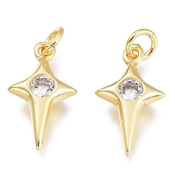 Clear Brass Micro Pave Cubic Zirconia Charms, with Jump Ring, Stars, Golden, Clear, 13.5x7.5x2.5mm, Hole: 1.5mm, Jump rings: 3.5x0.8mm