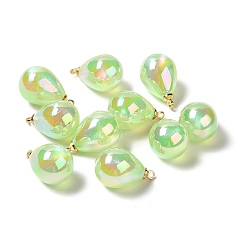 Lawn Green UV Plating Acrylic Pendants, with Light Gold Tone Brass Findings, Teardrop Charm, Lawn Green, 19.5x12mm, Hole: 1.6mm