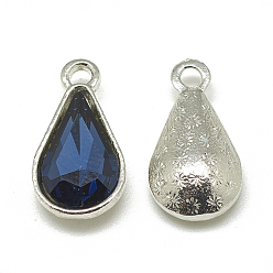 Prussian Blue Alloy Glass Pendants, Faceted, teardrop, Platinum, Prussian Blue, 18x10x5mm, Hole: 2mm