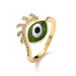Green Lampwork Evil Eye Cuff Ring with Clear Cubic Zirconia, Real 18K Gold Plated Brass Jewelry for Women, Green, Inner Diameter: 18mm