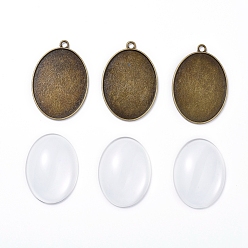 Antique Bronze DIY Pendant Making, with Tibetan Style Alloy Pendant Cabochon Settings and Transparent Oval Glass Cabochons, Antique Bronze, Cabochons: 40x30x7~9mm, 1pc/set, Settings: 47x33x3mm, hole: 3mm, 1pc/set
