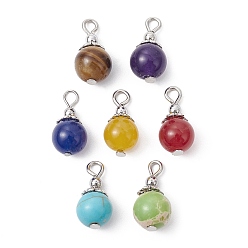 Mixed Stone 7Pcs 7 Colors Mixed Stone Pendants, Chakra Round Charms with Antique Silver Plated Alloy Flower Findings, Mixed Dyed and Undyed, 16x8~8.5mm, Hole: 2mm, 1pc/color