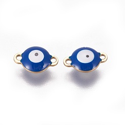 Marine Blue Ion Plating(IP) 304 Stainless Steel Enamel Links connectors, Flat Round with Evil Eye, Golden, Marine Blue, 9.5x6x3.5mm, Hole: 1.2mm