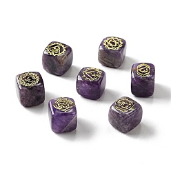 Amethyst 7Pcs 7 Styles Natural Amethyst Beads, with Long-Lasting Plated Golden Tone Brass Chakra Pattern Slices, Lead Free & Cadmium Free, No Hole, Cube, 15.5~18x15~17x14.5~17mm, 1pc/style