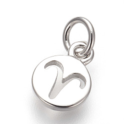 Aries Brass Charms, Lead Free & Cadmium Free, Flat Round with Constellations, Platinum, Aries, 9.5x7x1mm, Hole: 3mm